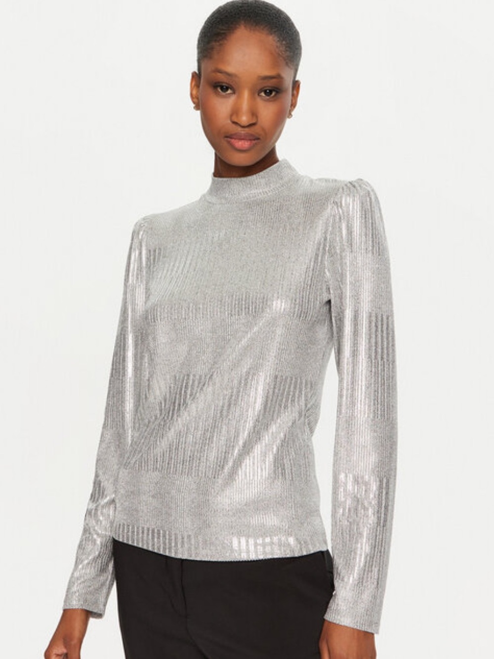 Oui Metallic Mock Neck Long-Sleeve Top